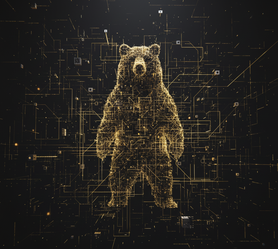 KI Neurales Netzwerk mit Bären-Silhouette